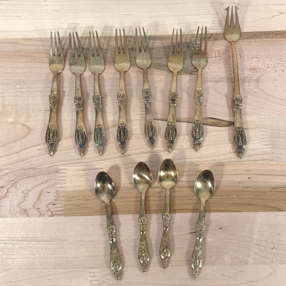 Vintage Airavata Erawan 3 Headed Elephant Flatware Set Thailand Siam Brass 12 Pc